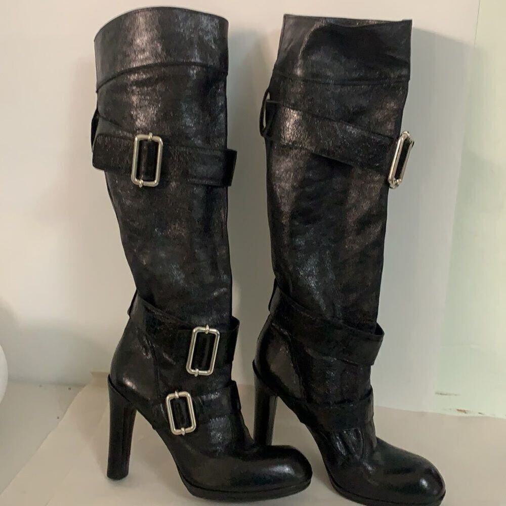 GIANNI BARBATO TALL LEATHER BUCKLE HEEL BOOTS SIZE 38